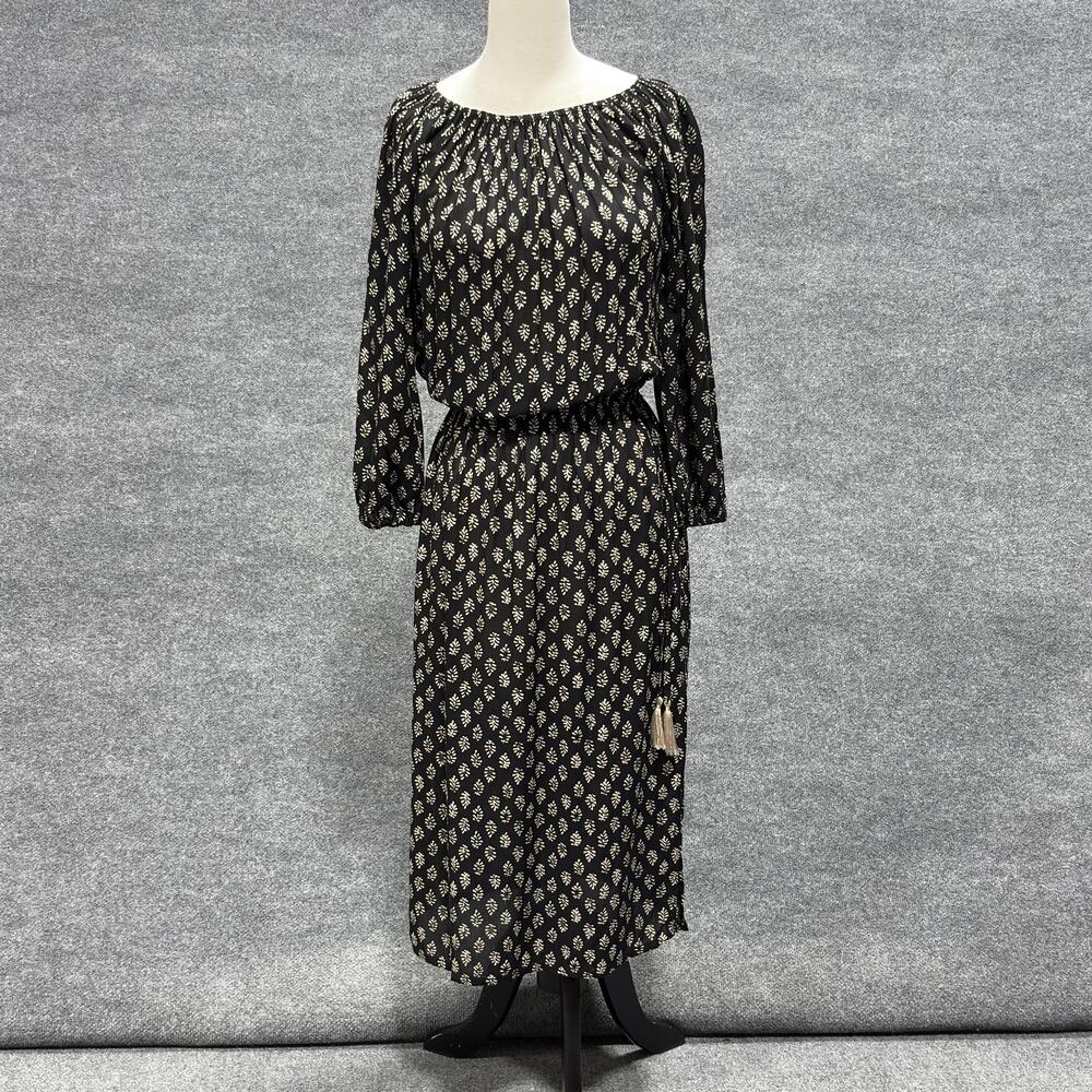 Coolchange Dress Womens Small Black Midi Peasant Elastic Waist Leaf Print Tassel